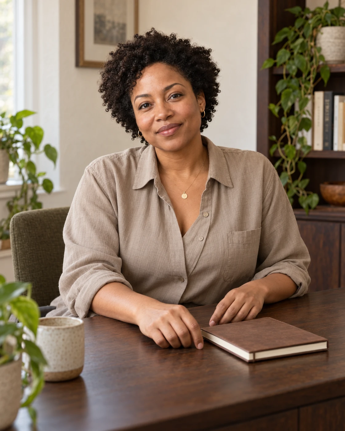 Mara Ellis at her desk, wearing a mushroom-colored blouse