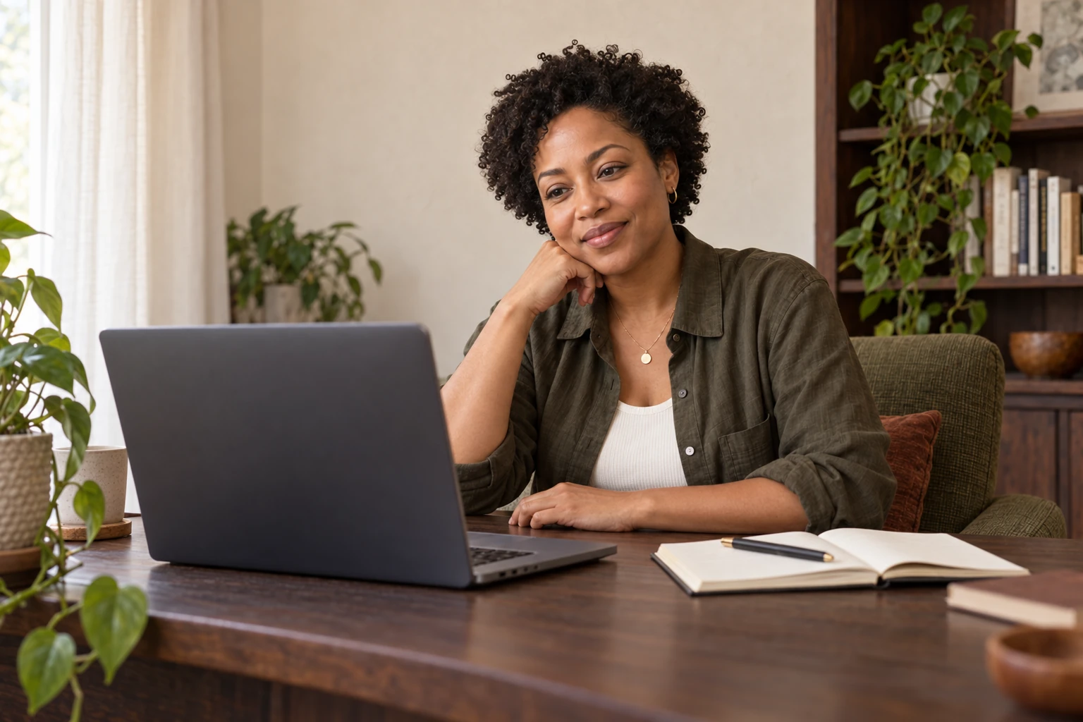 Mara listening closely during an online coaching conversation