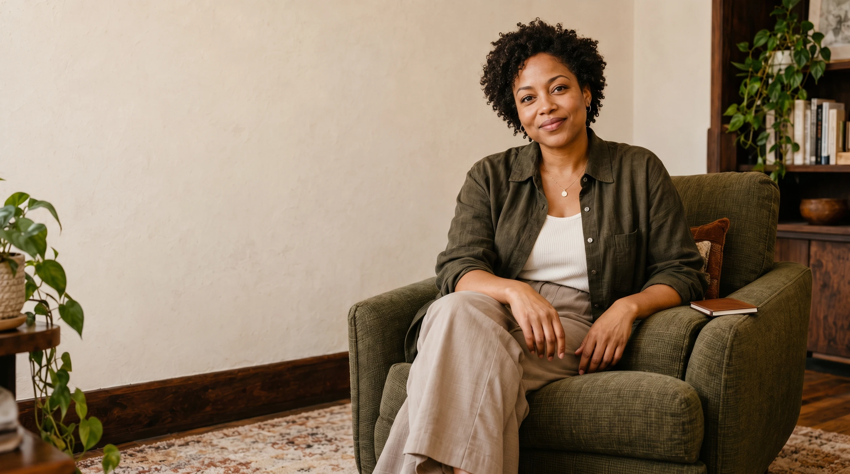 Mara Ellis sitting in her warmly lit coaching space